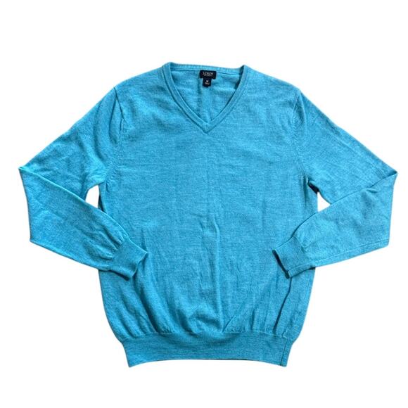 J Crew Knit Sweater Men's Medium Teal Merino Wool V Neck Pullover Slim Fit - Picture 1 of 7